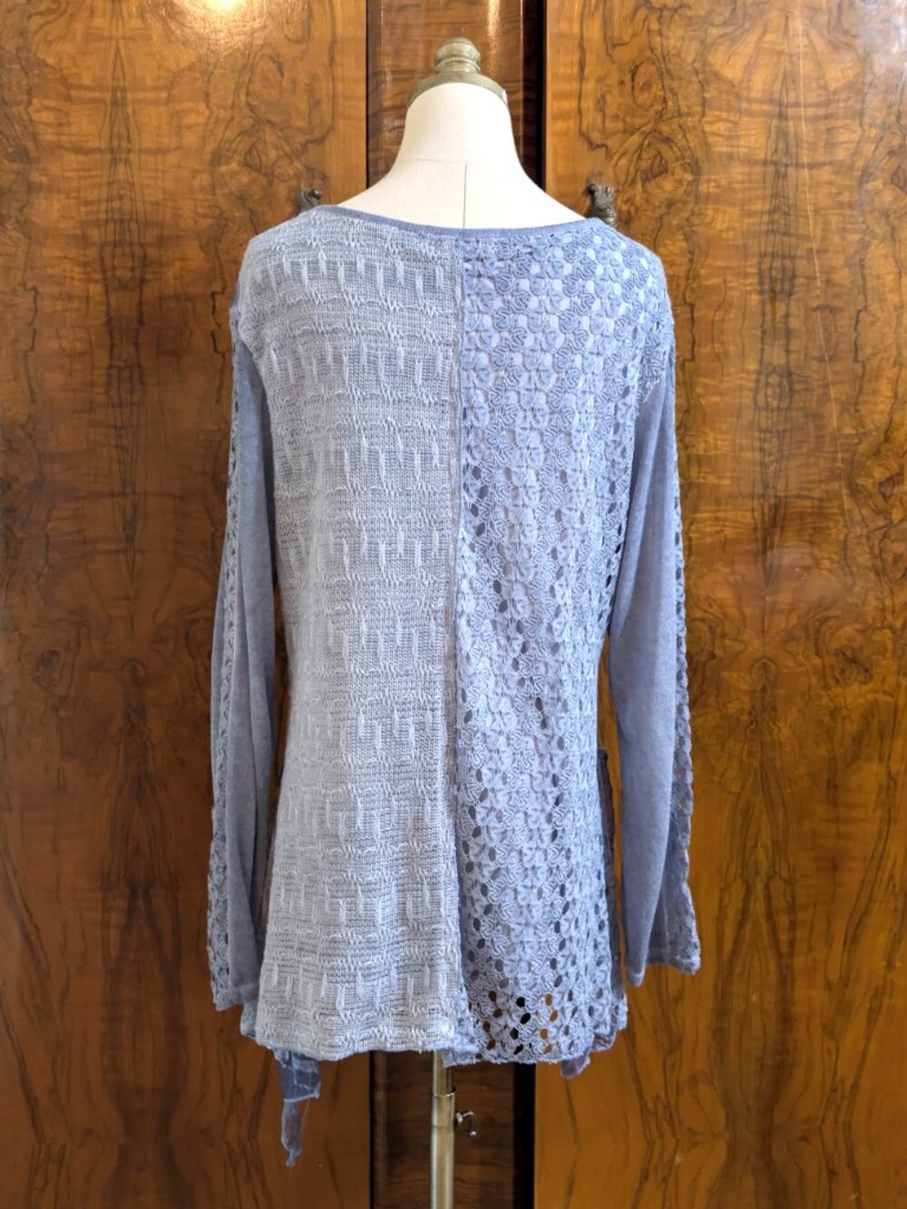 Simply Couture Blue Lace Patchwork Tunic Top XL Cowl Neck Boho Fairy Crochet - Picture 6 of 7